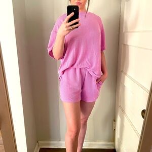 Dear Lover Pink Ribbed Knit 2pc Short Sleeve Shirt & Shorts Set Size: Small